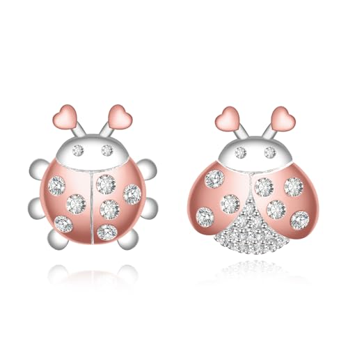 Cute Ladybug Earrings for Women - 925 Sterling Silver Ladybug Earrings Studs CZ Rose Gold-plated Insect Studs Hypoallergenic Jewelry Gifts