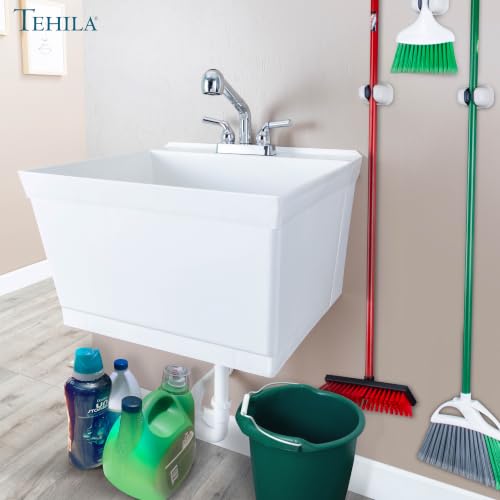 Image of JS Jackson Supplies Tehila White Wall-Mounted Utility Sink Tub Kit with Chrome Finish Pullout Faucet, Wall-Mounted Utility Tub with Wall Bracket for Laundry Room, Garage, Workshop