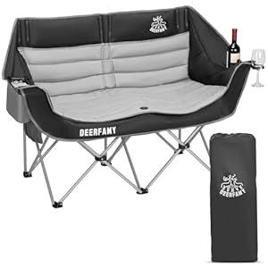 DEERFAMY Double Camping Chair Portable Folding Outdoor Loveseat with Cup & Wine Glass Holder for Outdoor/Beach/Patio-Supports up to 530 LBS(Grey)
