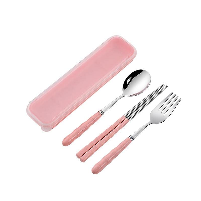 Image of Favria 3 Piece Stainless Steel Spoon,Fork and Chopstick Portable Travel Spoon Box Anti Slip Cutlery Set for Office Lunch Box,Travel, School,Picnics,Camping and Outdoor Home Utensil Set (Pink)