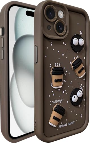 Image of SHINESTAR Back Cover for iPhone 15 Plus - 3D Cartoon Coffee & Eyes Design | Soft Silicone Shockproof Case with Full Camera Protection | Cute & Playful Phone Cover - Brown