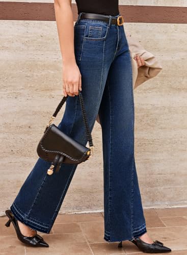 EVALESS Womens Jeans Trendy High Waist Straight Leg Wide Leg Frayed Baggy Raw Hem Boyfriends Stretchy Denim Pants2