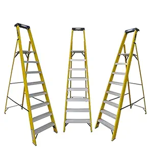 LADDERMAN 8Step Platform FRP Self Supported Foldable Electrical Shock Proof Fiber Glass Safety Ladder, 8ft Yellow