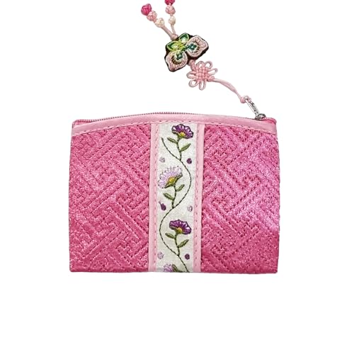 Seoulful Vintage Korean Embroidered Card Pouch - Wildflower Design Coin Purse with Butterfly Charm - Traditional Korean Chuseok Gifts (Light Pink)