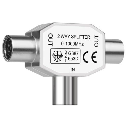 AXFEE Distribuidor de Antena TV, Divisor Coaxial en T, 2 salidas hembras - 1 Entrada macho, Distribuidor de TV, Distribuidor de antena, Conector Doble Antena TV, 0-1000 Mhz, Plata