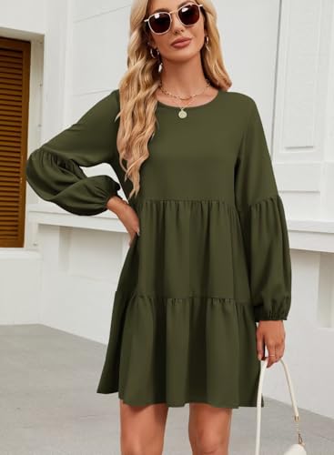 Image of QACOHU Falll Dresses for Women 2026 Crew Neck Long Lantern Sleeve Casual Loose Flowy Swing Shift Dress