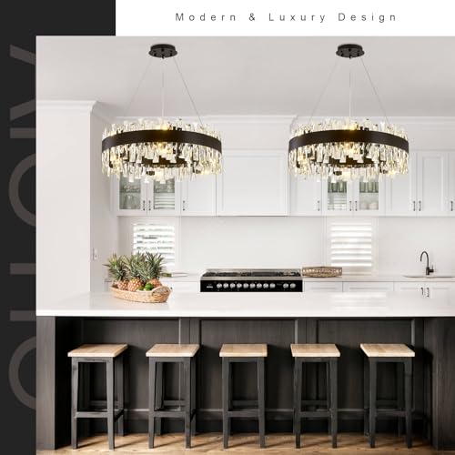 Image of AioTio Modern Crystal Chandelier, D23.6'' Black Round Farmhouse Industrial Hanging Chandelier, K9 Crystal Raindrop Adjustable Chandeliers for Dining Room,Bedroom, Kitchen Island,Living Room,Foyer
