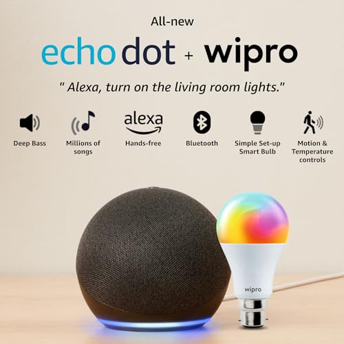 Image of Amazon Echo Dot (5th Gen, Black) Smart Home Speaker Combo with Wipro Simple Setup 9W LED Smart Bulb | with Bluetooth and Alexa