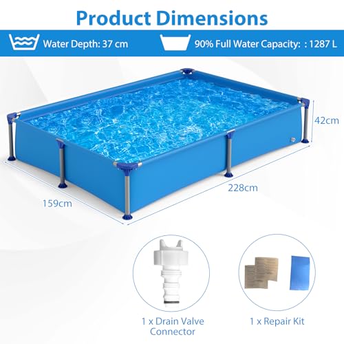 SOARS Rechteckiger Rohrpool, Aufstellpool 228 X 159 X 42 CM, Metallstruktur, langlebiges PVC, mit Filter, für Kinder ab 3 Jahren, Blau