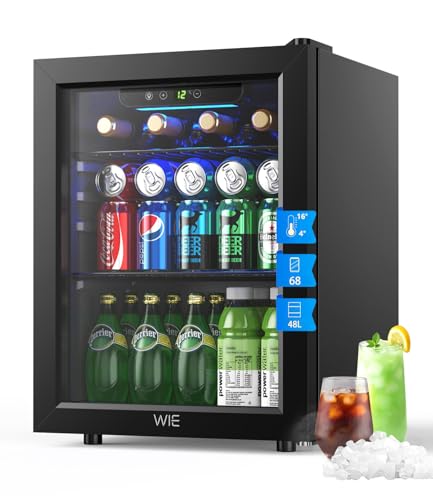 WIE Getränkekühlschrank, 48L Kühlschrank Klein mit Glastür, Mini Kühlschrank für 68 Dosen, Schwarz Freistehender Kühlschrank mit LED, Geräuscharm Bierkühler für Büro, Zimmer, Bar, Schwarz