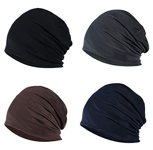Poemlife Summer Cotton Thin Beanies Soft Stretch Hip-Hop Sleep Caps For Men Women(4 Pack Black & Dark Gray & Navy & Coffee) #TOP1