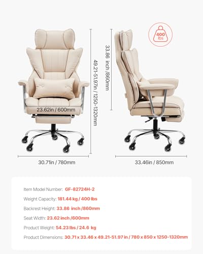 Image of VEVOR Executive Office Chair with Footrest, 400lb Capacity Oversize Office Chair with Lumbar Pillow & Removable Armrests, Heavy Duty Ergonomic Chair, PU Leather Reclining Home Office Desk Chair, Brown