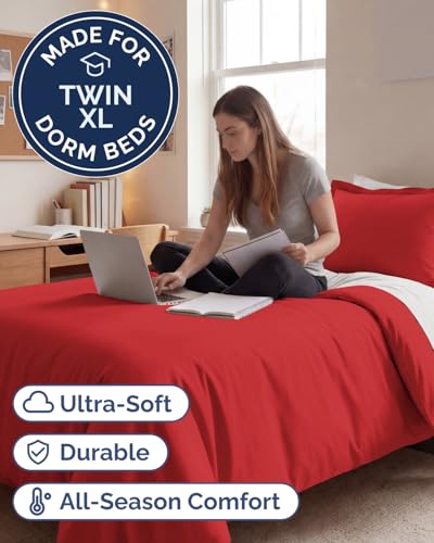 Image of Duvet Cover Twin /Twin XL Size Set - Extra Soft Twin /Twin XL Duvet Cover 68 inch x 90 inch with 1 Pillow Sham for Women, Men, Kids & Teens - Breathable, Easy-Care & Fade Free w / Zipper Closures & Ties (Red)