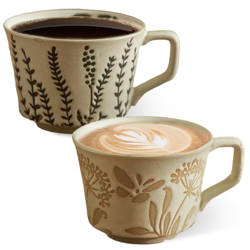 Set di 2 tazze da caffè da 350 ml, in ceramica, realizzate a mano, con manico, tazze da tè in stile retrò, lavabili in lavastoviglie, a prova di microonde, per il latte per tè
