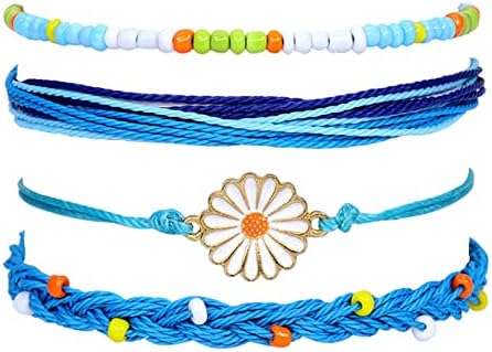 UOMNICUE 4PCS Boho Woven Sunflower String Bracelet, Handmade Braided Wrap Rope Bracelets Adjustable Waterproof Beach Charms Surf Bracelets for Women Teens Girls (Blue - Chrysanthemum)