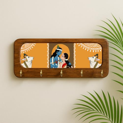 Image of Stylish Wooden Key Holder for Wall | Cute Key Holder for Home Decor | Key Holder Stand with 5 Hooks | Wall Mounted Key Hanger| (Radha Krishna Keyholder Orange)