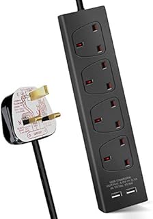ExtraStar 4 Way Extension Lead with 2 USB Slots, 13A UK Plug Extension, Wall Mounted Power Strips with 5M/16.4FT Extension Cable - Black