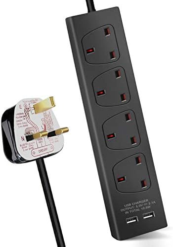 ExtraStar 4 Way Extension Lead with 2 USB Slots, 13A UK Plug Extension, Wall Mounted Power Strips with 1M/3.3FT Extension Cable - Black