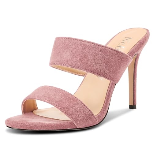 Image of NobleOnly Womens Round Open Toe Heeled Sandals Two Strap Stiletto High Heel Sandals Backless Dress Slip-on Mules Sandals 3.9 Inches Heels