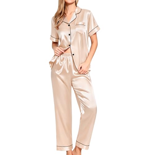 Image of SWOMOG Women Satin Pajamas Set Short Sleeve Top & Pants Sleepwear Silky Button Down Nightwear 2pcs Loungewear Pjs Set