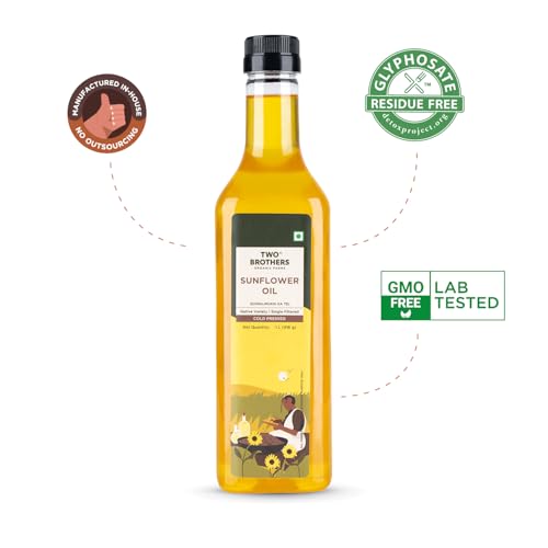 Image of Two Brothers Organic Farms India's Only Certified Glyphosate Free Sunflower Oil I Cold-Pressed (1L) | Rich in Omega-6 & Natural Antioxidants | Pure, Single-Filtered | Ideal for Frying, Sauteing & Tadka