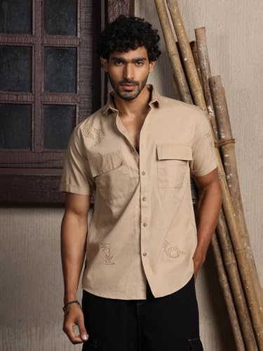 Image of Thomas Scott Men's | Embroidered Printed | Half Sleeve | Regular Fit | 100% Cotton | Double Pocket | Spread Collar | Casual Shirt