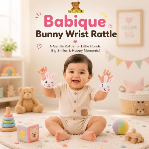 Image of Babique Soft Plush Bunny Hand Rattle Wrist Band for Newborns, Infants & Kids - Baby Wrist Rattle Toy with Adjustable Velcro Strap, Gentle Sound, Lightweight & Safe for 0-36 Months