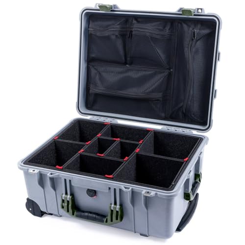 ColorCase Pelican Protector 1560 Case Silver - Waterproof Case with TrekPak Divider System & Mesh Lid Organizer - OD Green Handles & Latches