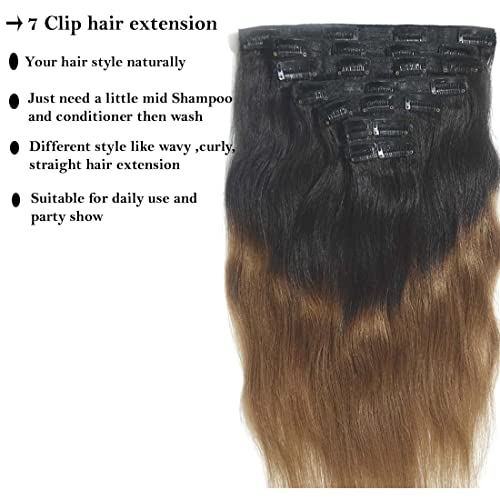 Image of Real 100% Natural Human Remy Wavy 7pcs Clipin Hair Extension Volume Enhancer | Long Length Thickening Soft Lightweight Durable Reusable | Instant Styling Party Daily Wear Damage Free Seamless Blend For Women Girls | Ombre (10inch Hair Length)