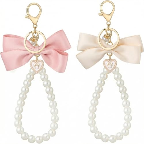 Junwapy 2Pcs Elegant Pearl Bow Keychains for Women, Pink & Beige Bow Purse Charms, Stylish Keyring Accessories for Handbags & Cars