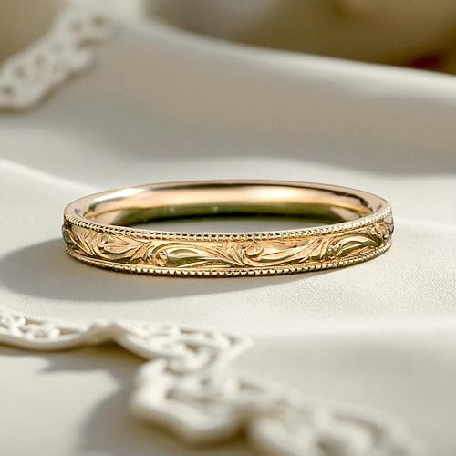 Vintage yellow gold engraved band wedding band Unique plain Ring Milgrain Carved ring Full eternity band Filigree Stacking ring Promise Birthdya gift2