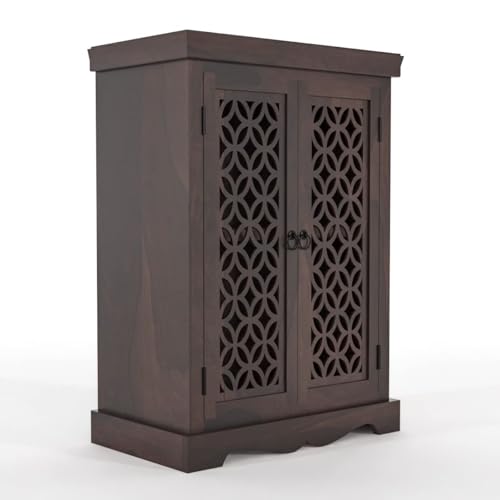 Image of Solid Sheesham Wood Sideboard and Cabinets | Wooden Side Board Small Cabinet for Living Room | Free Standing Buffet Cabinet with 2 Door Cabinet Storage | Rosewood, Walnut Finish