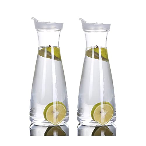 acrylic water carafe with lid - PARTSQUEEN 2 Pack Acrylic Water Carafe with Flip Top Lid, Food Grade & Recyclable Shatterproof Pitcher - for Water, Iced Tea, Juice, Lemonade, Milk, Cold Brew, Mimosa Bar