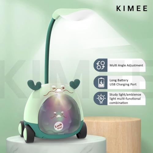 Image of KIMEE Cartoon Desk Lamp with Pen Holder and Pencil Sharpener - Cute Animal LED Table Light, Rechargeable Bedside Night Lamp, Flexible Eye Protection Study Reading Light for Students Kids, Multicolor