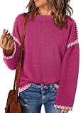 Dokotoo Long Sleeve Sweaters for Women Fall Fashion Winter Clothing for Women Oversized Round Neck Solid Cable Knit Sweaters Casual Cute Contrast Ribbed Drop Shoulder Loose Jumper Sweater Rose Red S
