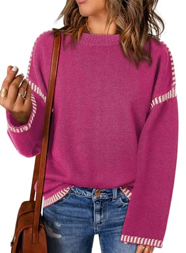 Dokotoo Long Sleeve Sweaters for Women Fall Fashion Winter Clothing for Women Oversized Round Neck Solid Cable Knit Sweaters Casual Cute Contrast Ribbed Drop Shoulder Loose Jumper Sweater Rose Red S