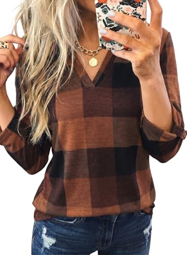 Image of Dokotoo Womens Tops Plaid Cotton Cuffed 3 /4 Sleeve Shirts Blouses