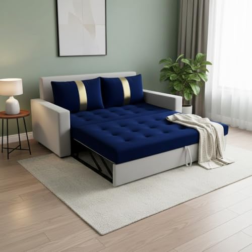 Image of FURNY Tressa 2 Seater Fabric Pull-Out Sofa Cum Bed (Light Grey-Dark Blue) Premium Velvet Finish | Durable Comfort | Ideal for Living Room