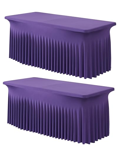 Image of Outpain Deep Purple Spandex Table Clothes for 6 Foot Rectangle Tables-2Pack 6FT Spandex Fitted Table Cover, Wrinkle Free Tablecloths with Skirt for Parties, Wedding, Birthday, Banquet, Festival