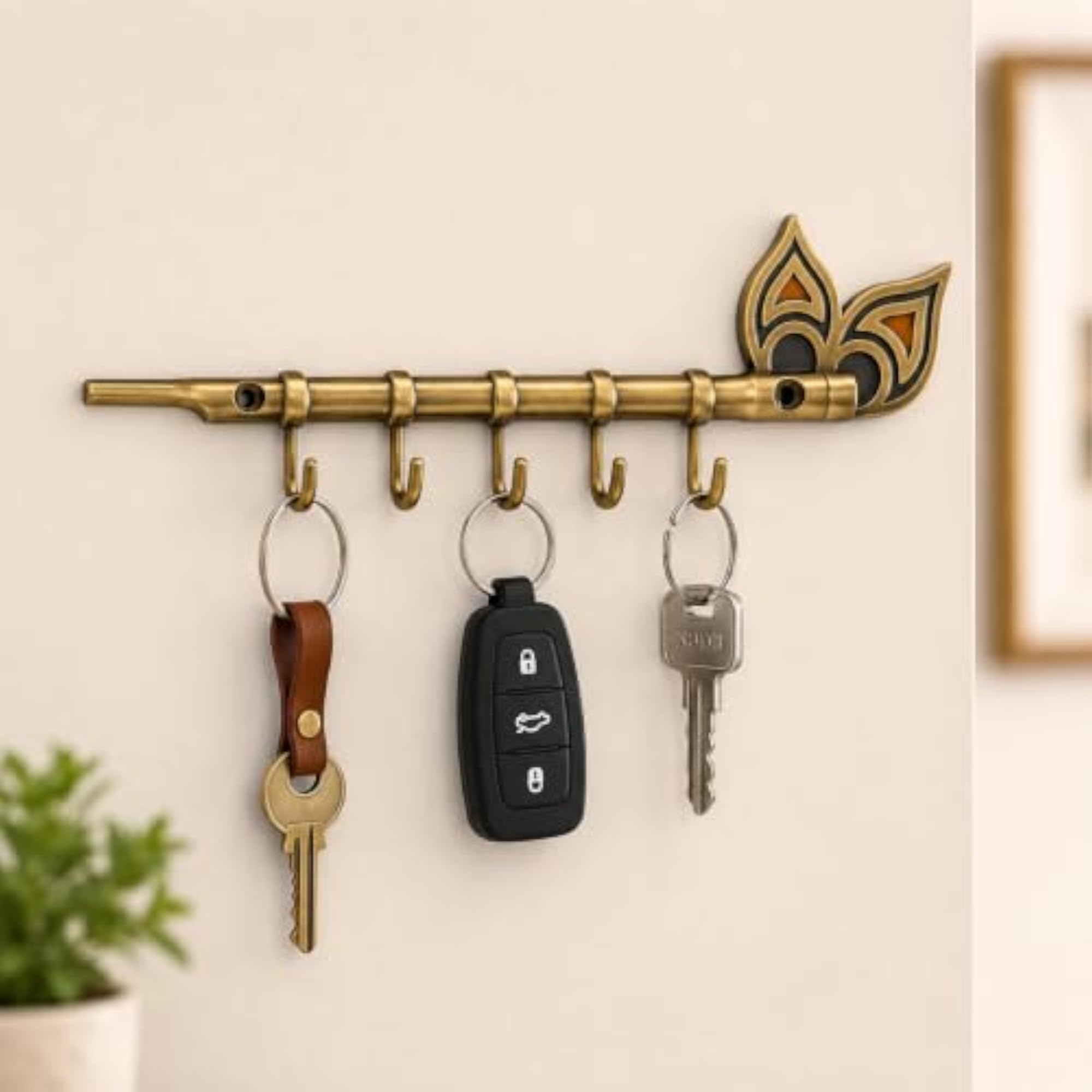 Element Hub Flute & Peacock Wall Key Holder with Hooks
