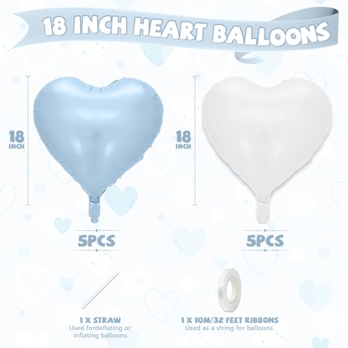Image of Baby Blue Heart Balloons, 10 Pcs Pastel Light Blue and White Heart Shaped Balloon, 18 Inch Cream Sand White Foil Balloons for Boys Men Brithday Bridal Baby Shower Wedding Valentines Party Decoration
