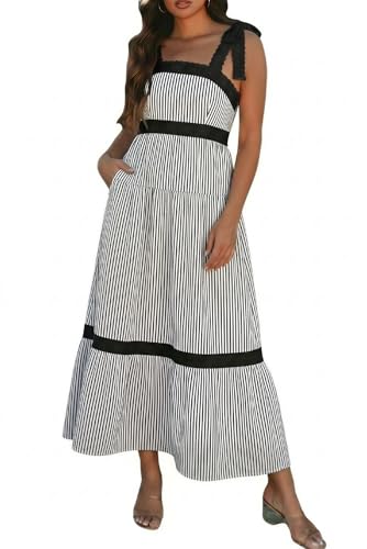 Image of Womens Maxi Dress Spring Summer Sleeveless Lace Strap Empire Waist A Line Side Pockets Beach Casual Long Dresses