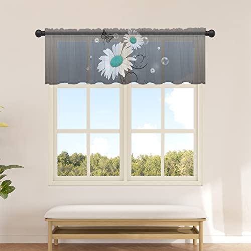 Sheer Valance, Daisy Butterfly Bubbles Valance Curtains For Kitchen Bathroom, Rustic Teal Blue Grey Voile Window Curtain Tier Linen Semi Window Treatment Rod Pocket Valance, 1 Panel 54X18 Inch #TOP1