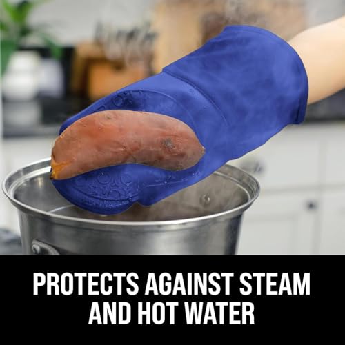 Image of BPA-Free Soft Silicone Oven Mitts - Ultra Heat Resistant Oven Mitts with Thick Cotton Liner - Long Slip Resistant Pot Holders, Flexible Oven Gloves - Royal Blue 13.7 inch