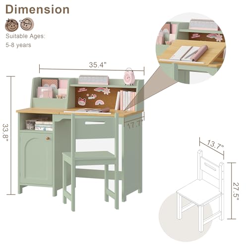 Image of Treocho Kids Study Desk and Chair Set, Kids Desk with Hutch and Tiltable Desktop for 3-8 Years Old, Wooden Children Study Table with Storage Cabinet, Student Writing Desks Bedroom, Home School, Green