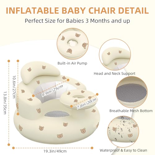 Image of Inflatable Baby Seat with Tray, Blow up Infant Chair for Babies 3 Months and up, Comfortable Baby Floor Seats for Sitting Up, Built in Air Pump with Back Support Toddler Waterproof Sofa (Bear)