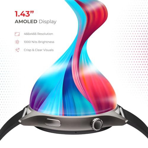 Image of Nervfit Orion S1 1.43 inch TrueColor+AMOLED+AOD, Functional Crown Control, Bluetooth Calling, AI Voice Assistant, IP68 Waterproof, Heart Rate & SpO2 Monitor, & 100+ Sports Modes (Midnight Black Silicone)