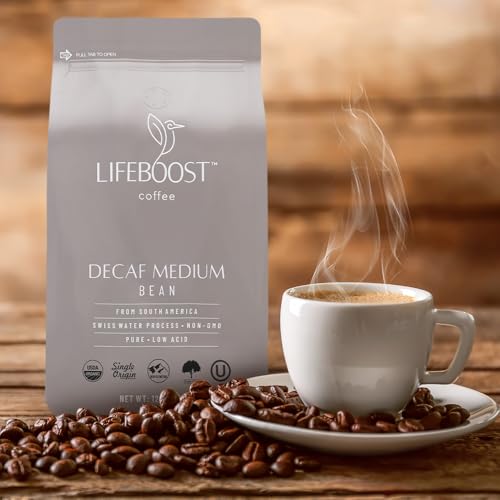 Lifeboost Medium Roast Swiss Water Decaf Whole Bean Coffee - Low Acid Organic Decaf Coffee, Non-GMO, USDA Organic, Single Origin, Third-Party Tested for Mycotoxins & Pesticides - 12 oz Bag
