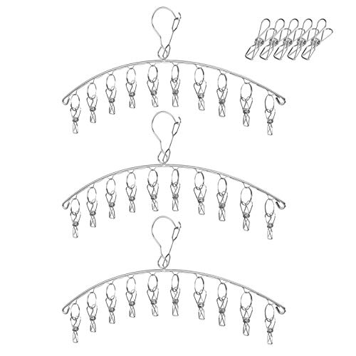 Laundry Drying Rack Clothes Hanger with 10 Clips, Seropy Clothes Drying Rack of Stainless Steel Sock Hangers Clip and Drip Hanger for Drying Socks, Bras, Gloves, Towels, Baby Clothes, 3 Pack x 10 Pegs