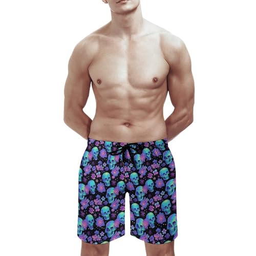 Hawaiian Shorts for Men - Comfy Purple Flower Blue Skull Print Mens Swim Trunks Bathing Suits with Mesh Lining2